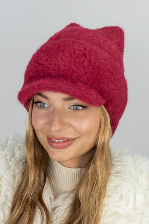 Пушистая вязаная жокейка с отворотом и ушками «Kitty Cap» (5527) (бордовый)