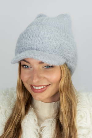 Пушистая вязаная жокейка с отворотом и ушками «Kitty Cap» (5527) (серый)