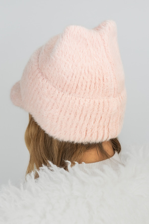 Пушистая вязаная жокейка с отворотом и ушками «Kitty Cap» (5527) (пудра)